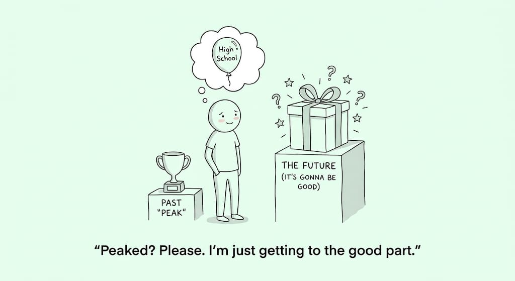 A person stands between a trophy labelled Past “Peak” and a larger gift labelled The Future. “Peaked? Please. I’m just getting to the good part.”