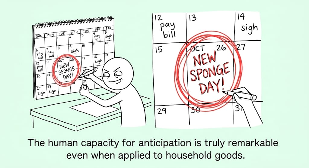 A person excitedly circles New Sponge Day on a calendar otherwise filled with bills and sighs. The human capacity for anticipation is truly remarkable, even when applied to household goods.
