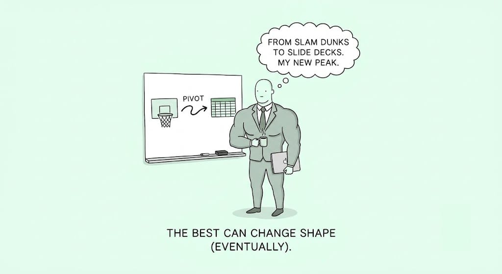A former basketball player presents a business slide: “From slam dunks to slide decks. My new peak.” The best can change shape (eventually).