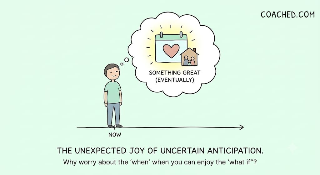 A person looks forward to a future family labelled “Something great (eventually).” The unexpected joy of uncertain anticipation: why worry about the when when you can enjoy the what if?
